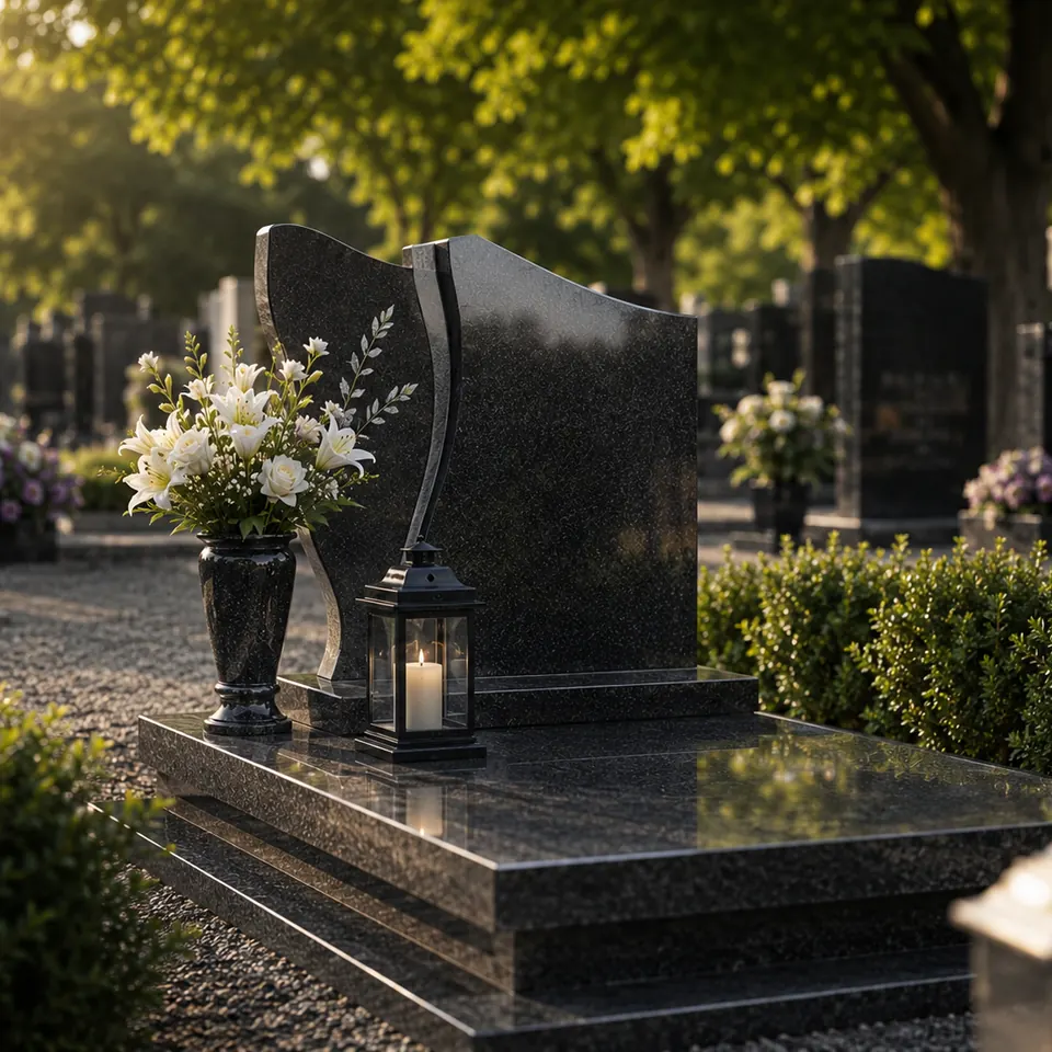 Granitowy nagrobek urnowy z tablicą i lampionami